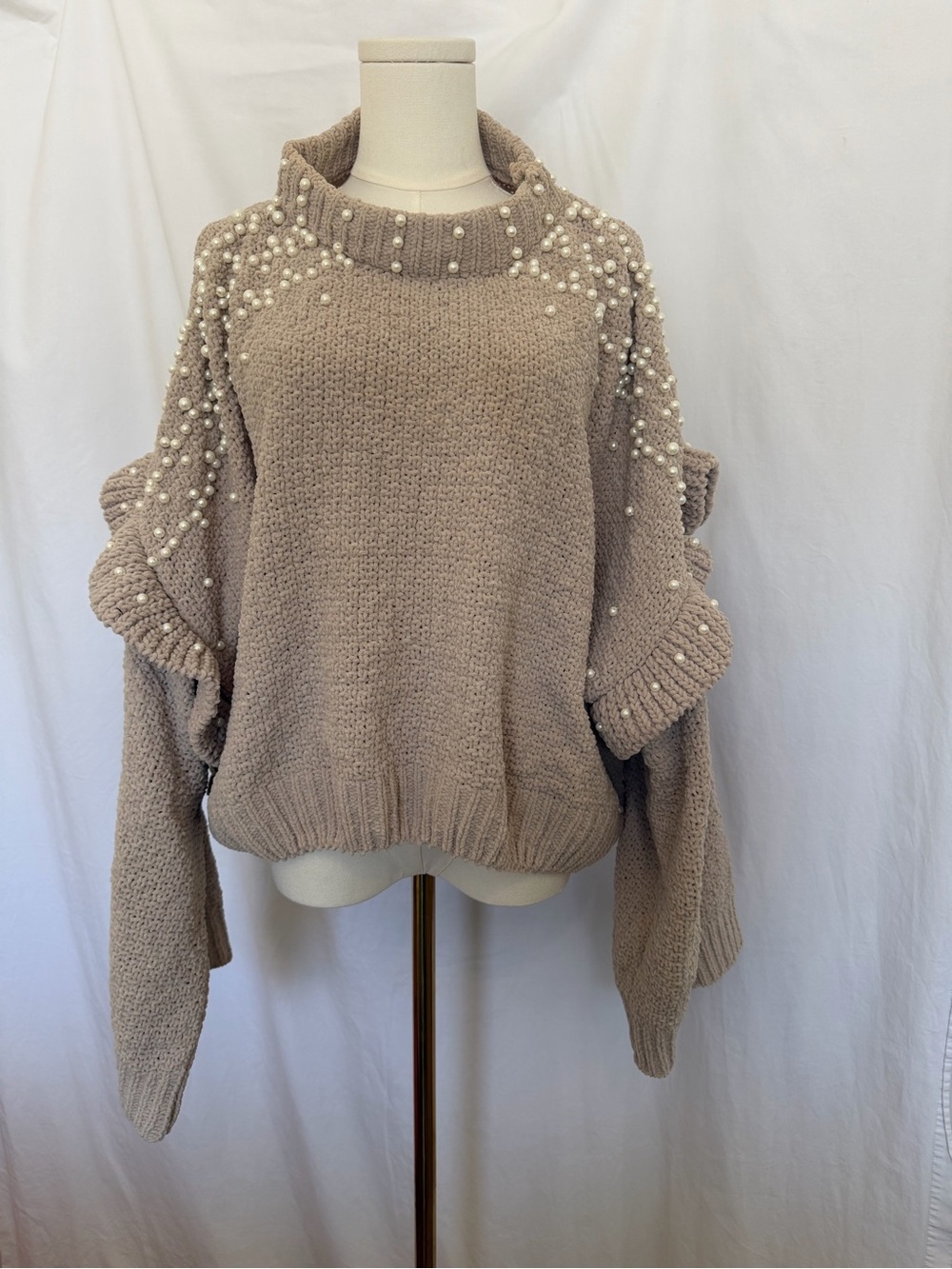 POL Off-the-Shoulder Pearl Embellished Sweater - Taupe